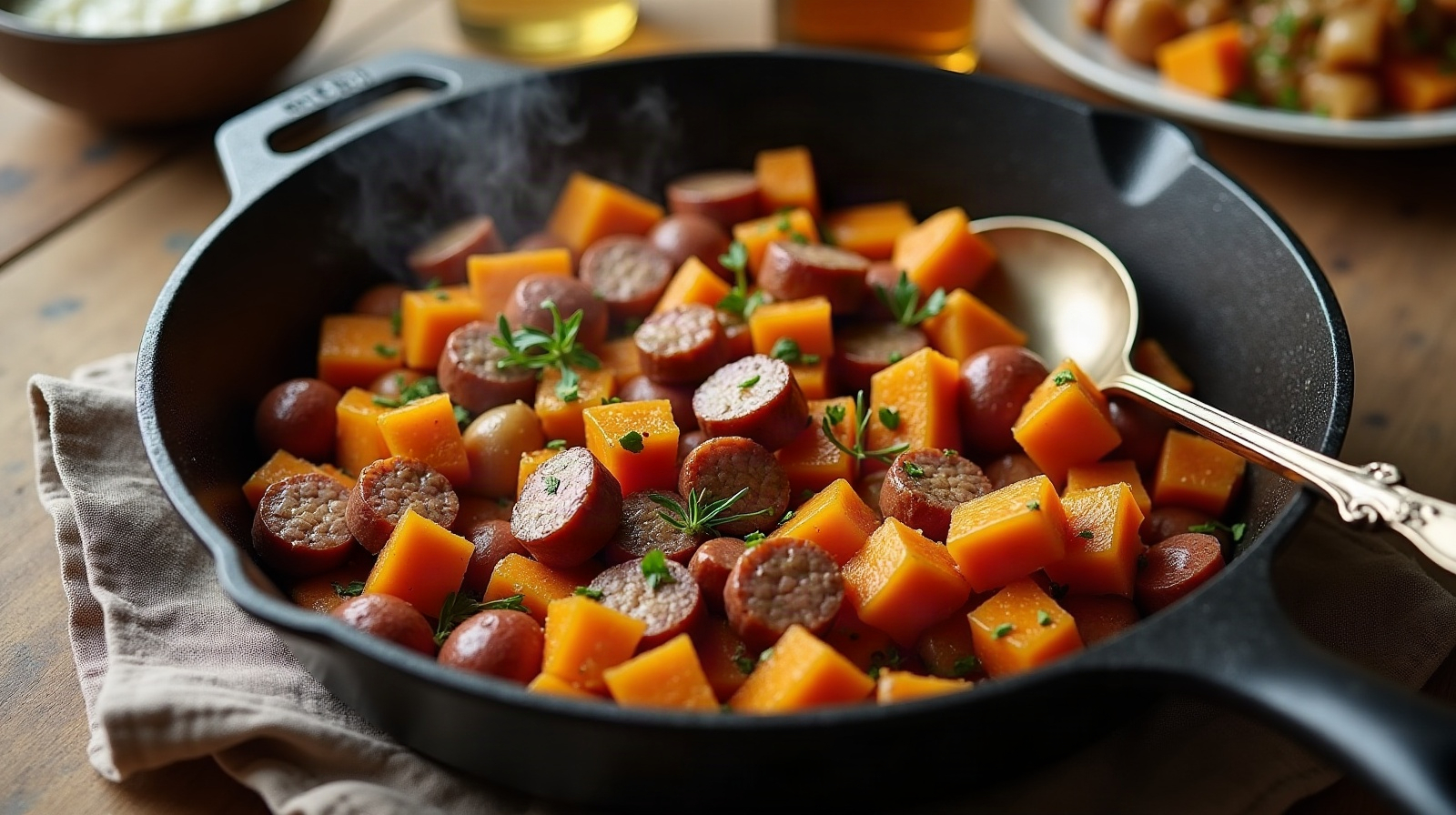 Roasted Pumpkin and Sausage Skillet. Pumpkin is more than pie filling, roasted until sweet and tender, it becomes a genuine dinner vegetable that holds its own alongside sausage and onions. This one-pan meal takes about forty minutes from start to finish and tastes like fall